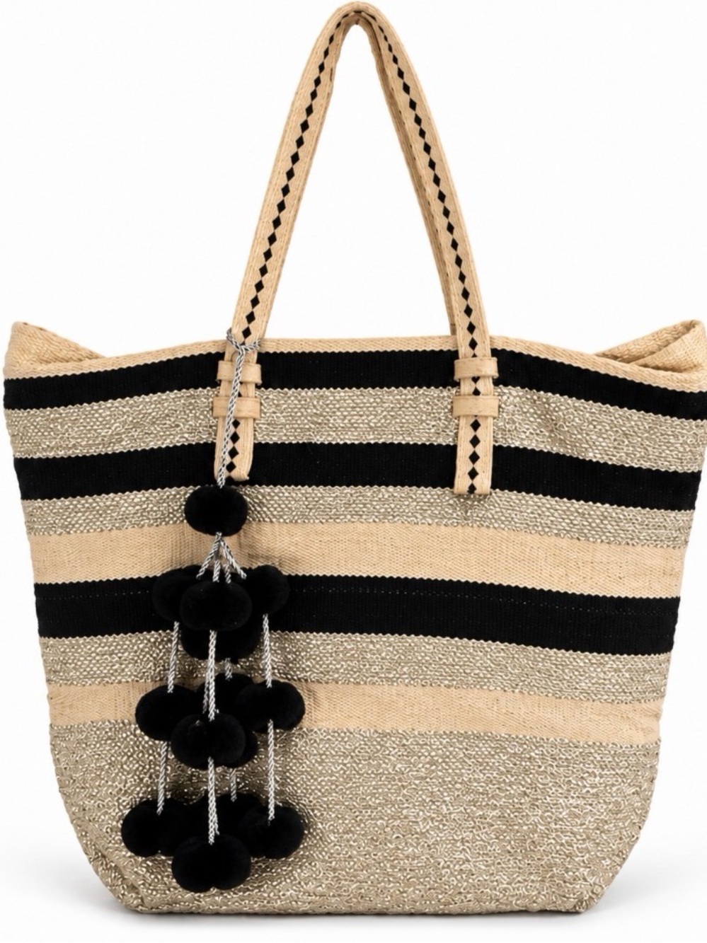 America & Beyond Beige Black Striped Woven Boho Beach Pom Pom Tote Bag